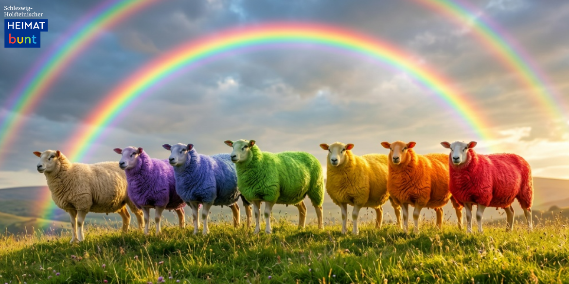 Regenbogen und bunte Schafe auf Deich