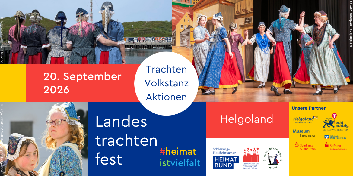 Aufmacher fürs Landestrachtenfest auf Helgoland mit mehreren Bilder von Menschen in Helgoländer Tracht