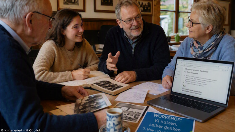 KI-generiertes Foto von vier Personen an Tisch mit alten Fotos und Laptop